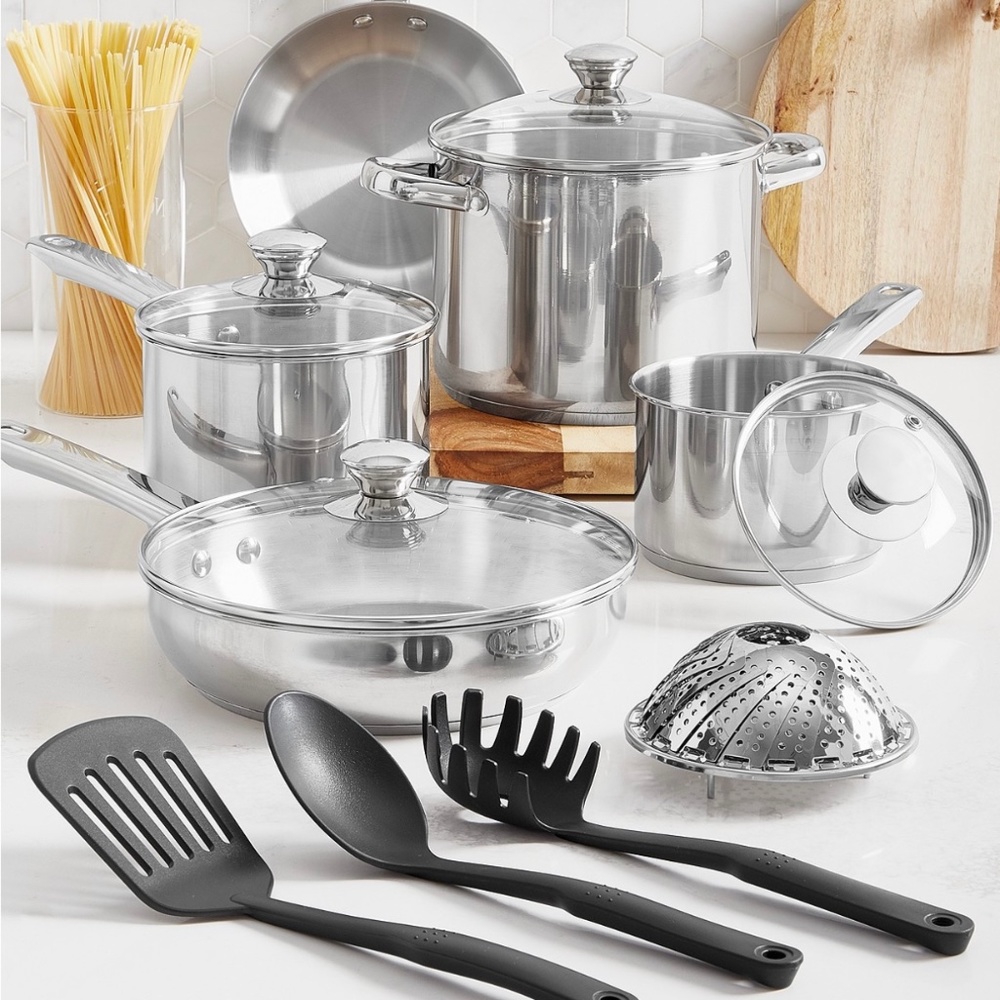 13 piece stainless steel pot and pan set with Utensils